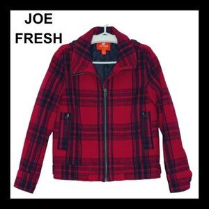 JOE FRESH black red plaid fall winter wool blend coat